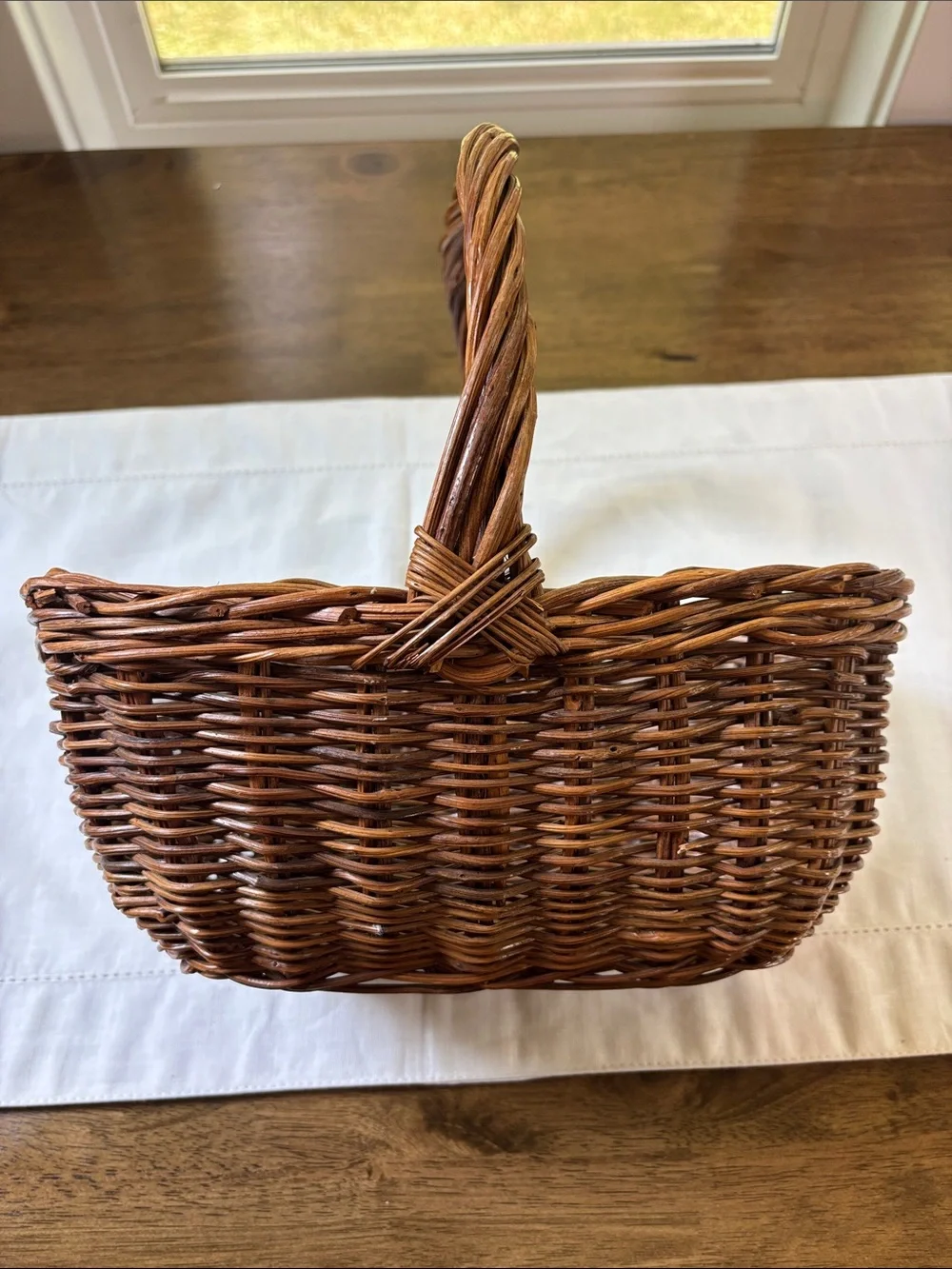 Vintage Gathering Basket With Twisted Handle Hand Woven Wicker Garden Harvest